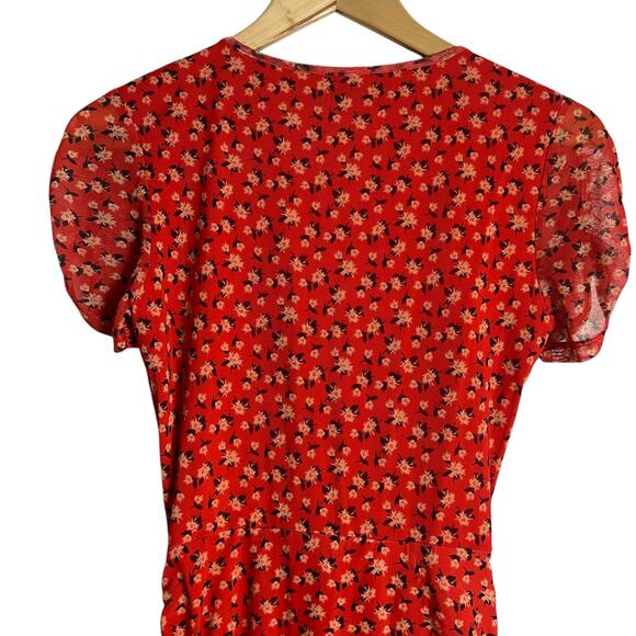Louna Red Floral Print Mesh Ruched Short Sleeve Scoop Neck Mini Dress Size M - Picture 11 of 13